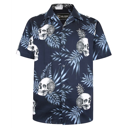 KAM Skull Print Short Sleeve Shirt With Satin Finish Navy